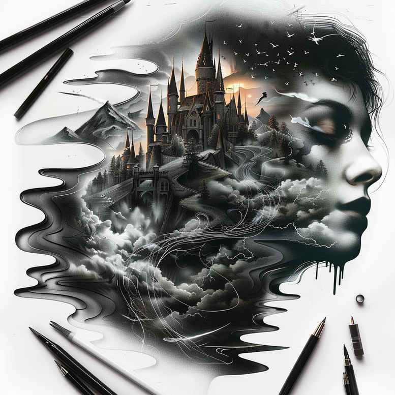 castles tattoo design ideas Surrealism metamorphosis royal architecture for full back