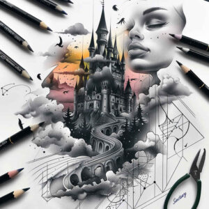 castles tattoo design ideas Surrealism floating elements strong lines for hand