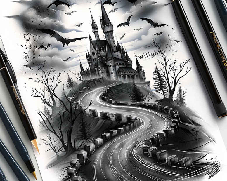 Castle, winding path, bare trees, and ravens in black and grey; cover-up-ready AI-generated tattoo project concept.