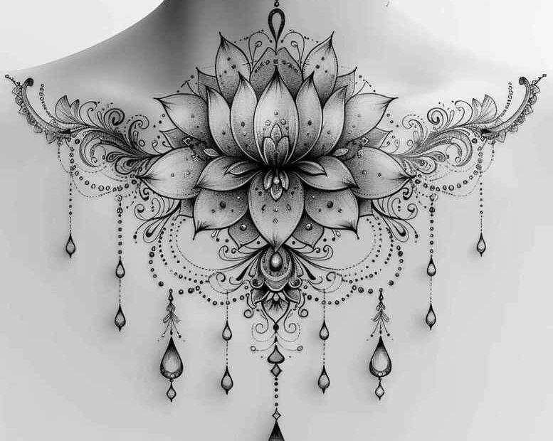 Lotus mandala centerpiece with ornate filigree, hanging beads, and chains in black and grey; project idea, suitable for cover-up.