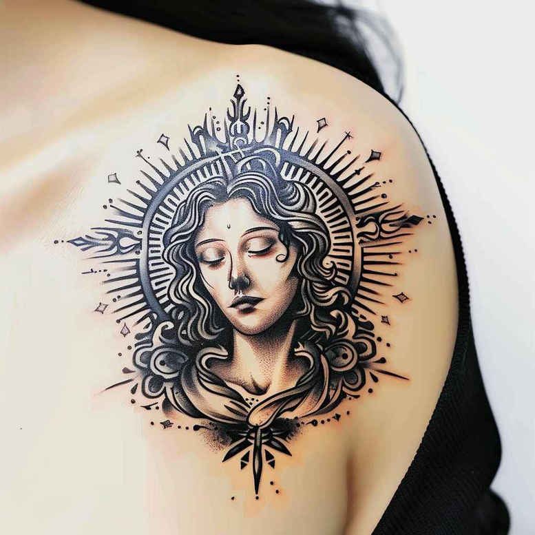 christian-characters tattoo design ideas Surrealism fluid forms religious motifs for arm