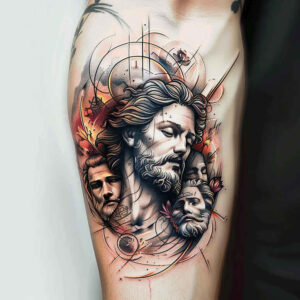 christian-characters tattoo design ideas Realism refined lines symbolic gestures for lower arm