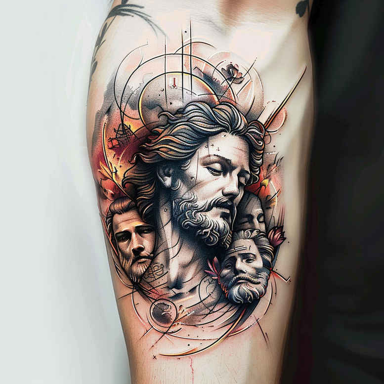 christian-characters tattoo design ideas Realism refined lines symbolic gestures for lower arm