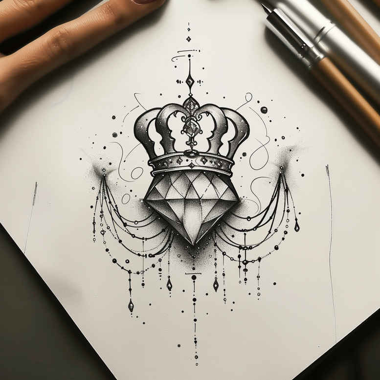 diamond-jewelry-tattoo – tattoo design ideas free ai generated – surrealism-vivid-hallucination – for-back-shoulder – Gallery: crowns-and-diamonds-inkby-ai