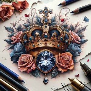 royal-diamond – tattoo design ideas free ai generated – surrealism-hallucinogenic – for-thigh – Gallery: crowns-and-diamonds-inkby-ai