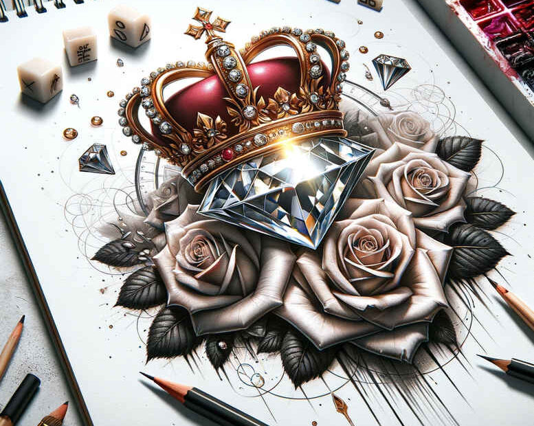 Black and grey tattoo design concept: crowned heart at center, roses and leaves surrounding, on-paper idea for a bold body art piece.