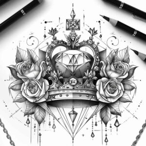 crowns-and-diamonds tattoo design ideas clear-cut baroque for knee