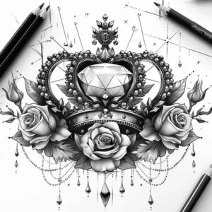 crowns-and-diamonds tattoo design ideas monochrome detailed facets for upper back