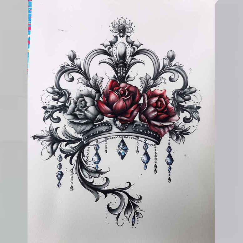 crowns-and-diamonds tattoo design ideas discreet detailed linework for behind ear