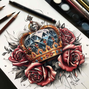 crowns-and-diamonds tattoo design ideas micro symbol detailed linework for temple