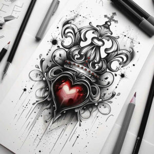 crowns-and-diamonds tattoo design ideas abstract detailed metalwork for lower thigh