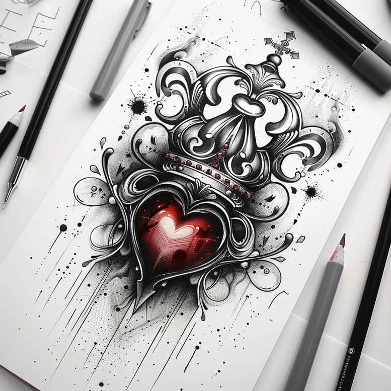 crowns-and-diamonds tattoo design ideas abstract detailed metalwork for lower thigh
