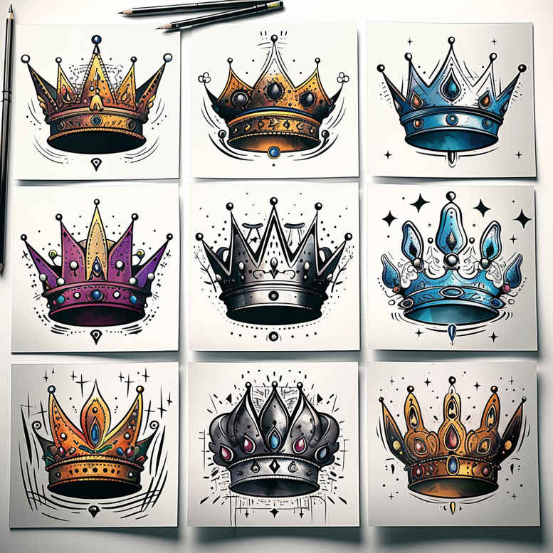 crowns-and-diamonds tattoo design ideas fine line ornamental for temple