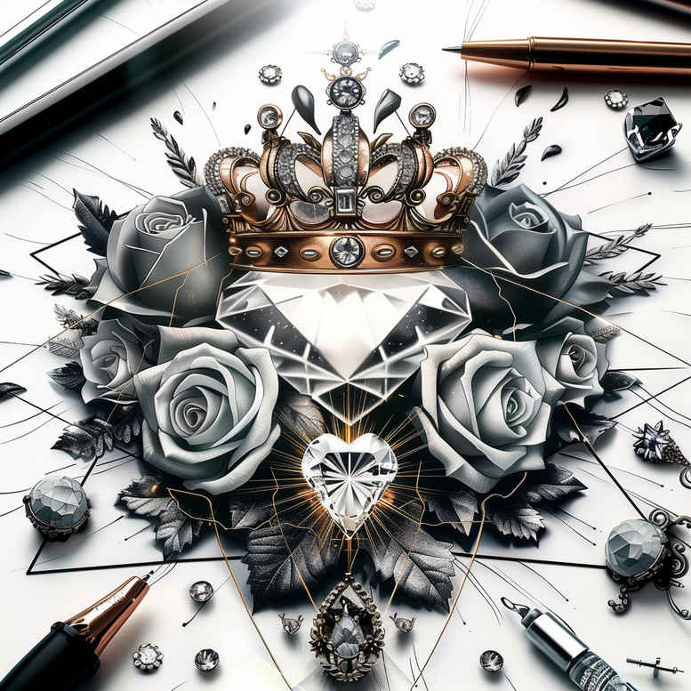 crowns-and-diamonds tattoo design ideas pinprick ornate for shin