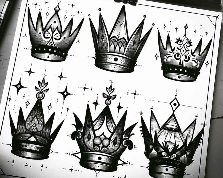 Crown and star sketches in black and grey on paper; tattoo design idea sheet, not suitable for cover-up.
