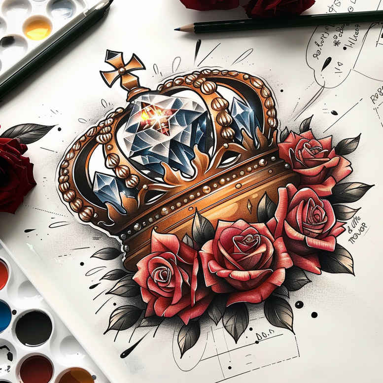 crowns-and-diamonds tattoo design ideas gentle angle precious stone motifs for back