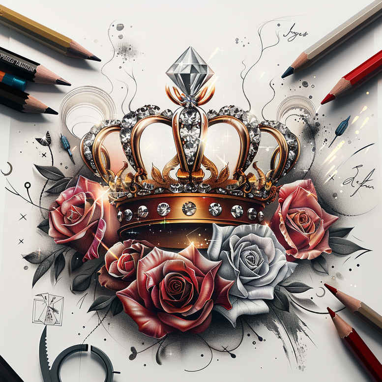 crowns-and-diamonds tattoo design ideas fine line precious stone motifs for shoulder
