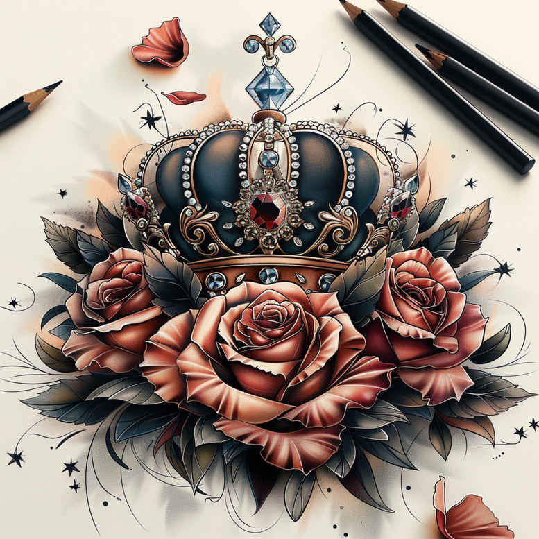 crowns-and-diamonds tattoo design ideas clear-cut regal for lower thigh