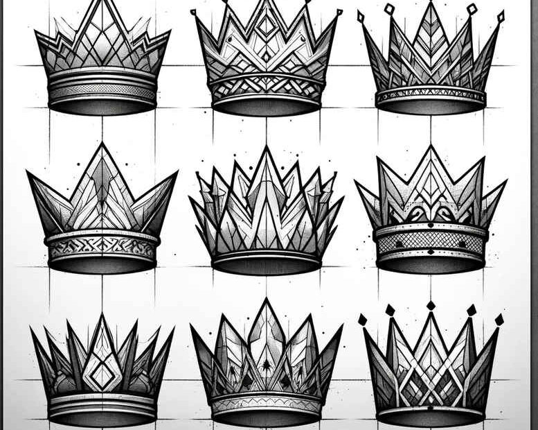 Nine black and grey crown designs in linework, a tattoo design idea and cover-up-friendly project with bold pattern elements.
