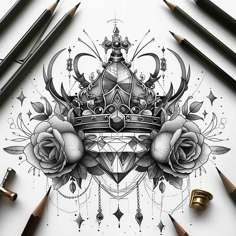 crowns-and-diamonds tattoo design ideas short stroke wealth symbolising courage
