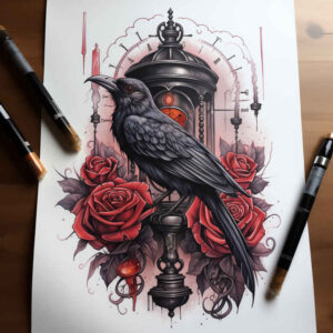 crow-guardian-dynamic-shadows-for-shin – tattoo design ideas free ai generated – Gallery: crows-and-ravens-inkby-ai