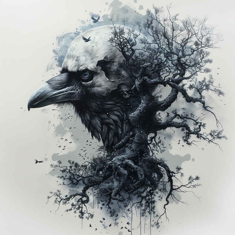crows-and-ravens tattoo design ideas Neotraditional dynamic color silhouette stands for perseverance