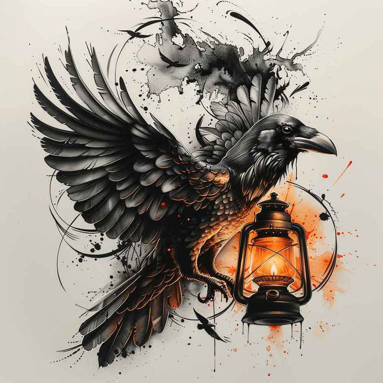 crows-and-ravens tattoo design ideas Surrealism ghostly shapes tribal style symbolising courage