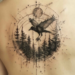 crows-and-ravens tattoo design ideas Surrealism floating elements wise stands for courage