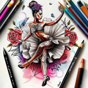 graceful-dance – tattoo design ideas free ai generated – neotraditional-rich-blacks – for-upper-arm – Gallery: dance-inkby-ai