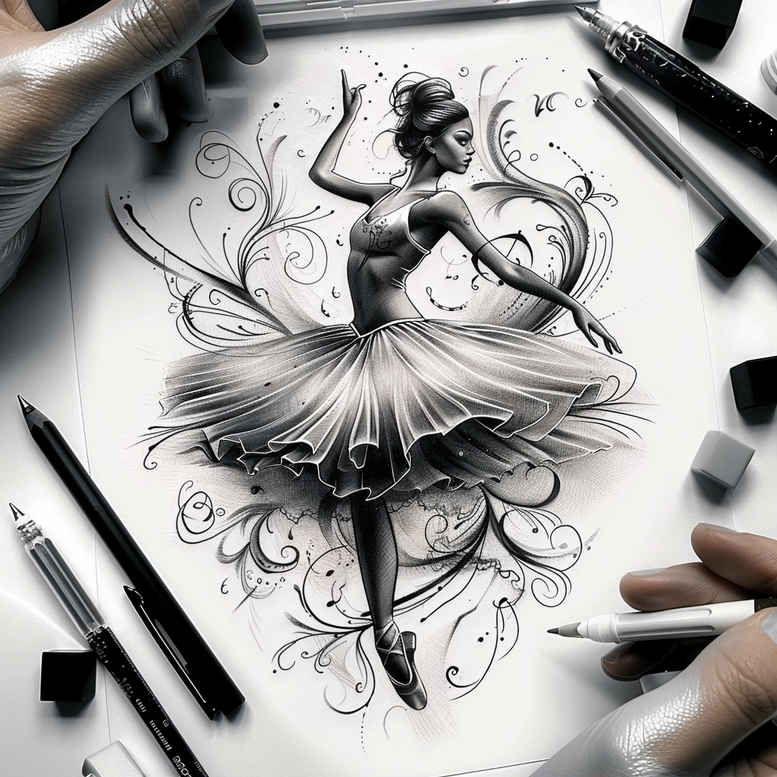 dance tattoo design ideas pure outline flowing fabric for back