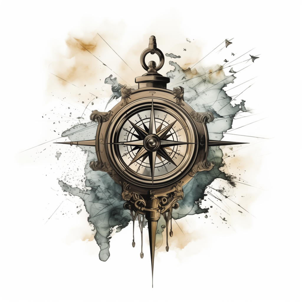 Compass tattoo design in brown and blue watercolor with birds, a bold cover-up friendly idea.