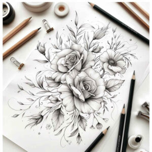 calm-design – tattoo design ideas free ai generated – pinprick – for-abdomen – Gallery: delicate-flowers-inkby-ai