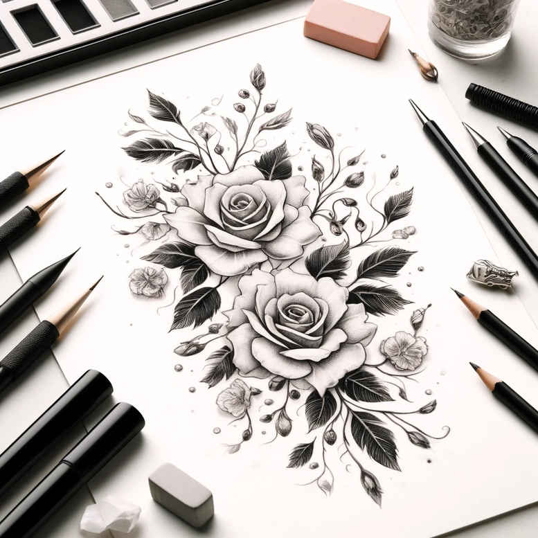 calm-design – tattoo design ideas free ai generated – slender – for-abdomen – Gallery: delicate-flowers-inkby-ai