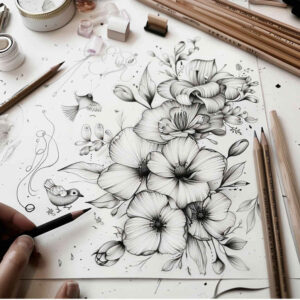 calm-motif – tattoo design ideas free ai generated – silent – for-full-back – Gallery: delicate-flowers-inkby-ai