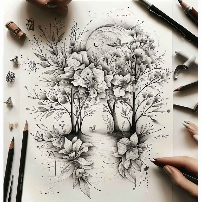 ethereal-form – tattoo design ideas free ai generated – simple-dot – for-palm – Gallery: delicate-flowers-inkby-ai