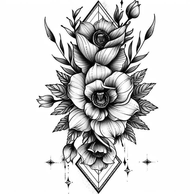 fine-line – tattoo design ideas free ai generated – unadorned – for-upper-chest – Gallery: delicate-flowers-inkby-ai