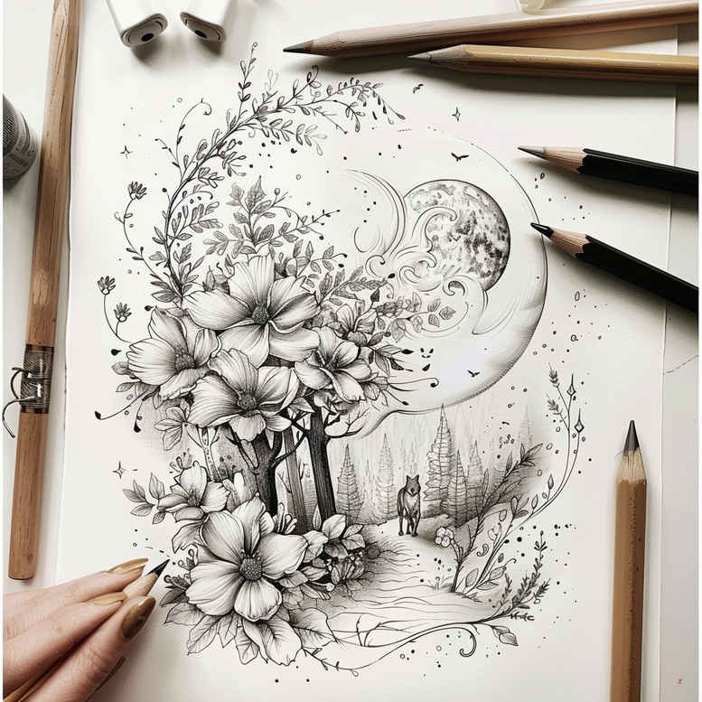 floral-elegance – tattoo design ideas free ai generated – abstract – for-lower-chest – Gallery: delicate-flowers-inkby-ai