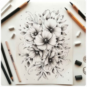 floral-outline – tattoo design ideas free ai generated – slender – for-elbow – Gallery: delicate-flowers-inkby-ai