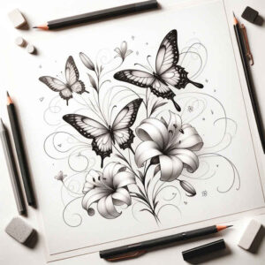 floral-shadow – tattoo design ideas free ai generated – pure-outline – for-upper-back – Gallery: delicate-flowers-inkby-ai