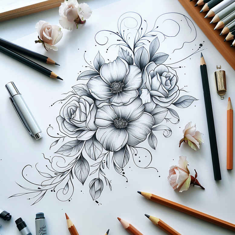 floral-symbol – tattoo design ideas free ai generated – no-background – for-triceps – Gallery: delicate-flowers-inkby-ai