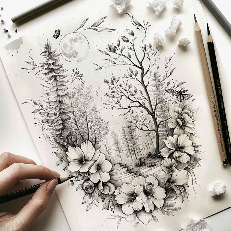 linear-form – tattoo design ideas free ai generated – basic – for-upper-back – Gallery: delicate-flowers-inkby-ai