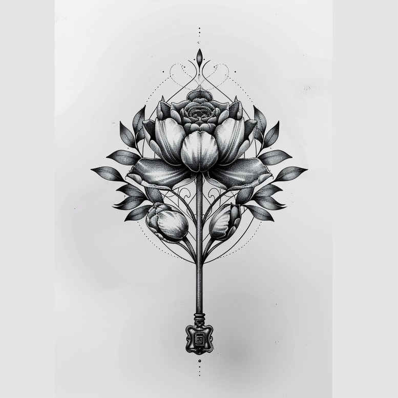linear-form – tattoo design ideas free ai generated – simple-icon – for-lower-leg – Gallery: delicate-flowers-inkby-ai