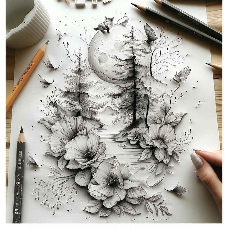 minimalist-shading – tattoo design ideas free ai generated – open-space – for-scapula – Gallery: delicate-flowers-inkby-ai