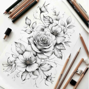 nature-in-tattoo – tattoo design ideas free ai generated – no-shading – for-behind-ear – Gallery: delicate-flowers-inkby-ai