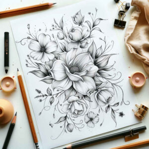nature-tattoo – tattoo design ideas free ai generated – few-strokes – for-thigh – Gallery: delicate-flowers-inkby-ai