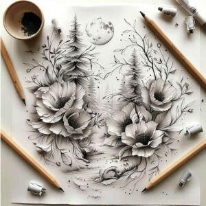 organic-line – tattoo design ideas free ai generated – simple-dot – for-elbow – Gallery: delicate-flowers-inkby-ai