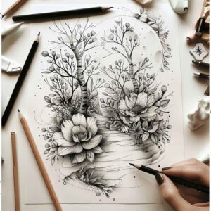 organic-shape – tattoo design ideas free ai generated – monochrome – for-shin – Gallery: delicate-flowers-inkby-ai