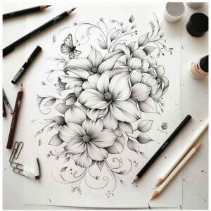 soft-composition – tattoo design ideas free ai generated – fine-line – for-lower-chest – Gallery: delicate-flowers-inkby-ai