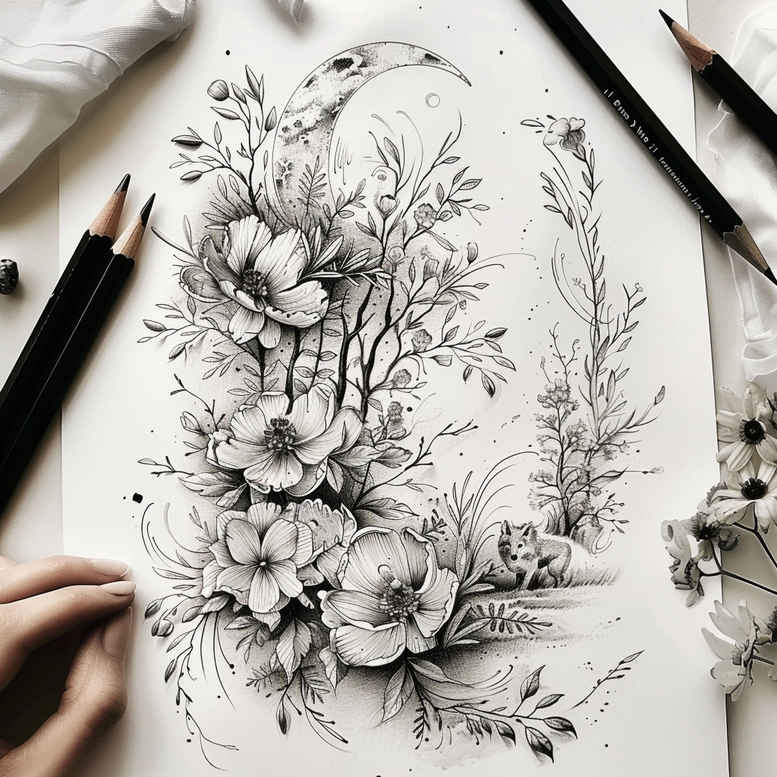 soft-texture – tattoo design ideas free ai generated – dotwork – for-back – Gallery: delicate-flowers-inkby-ai