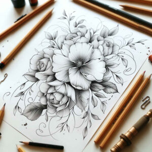 subtle-composition – tattoo design ideas free ai generated – pure-outline – for-back – Gallery: delicate-flowers-inkby-ai